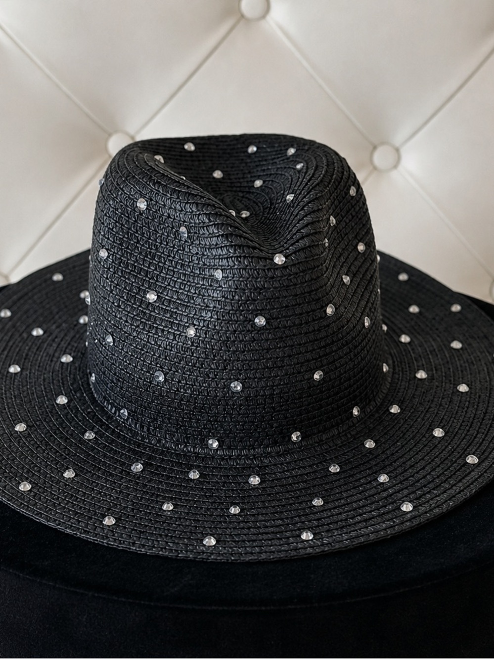 Studded Black Straw Fedora Hat - Women's Fashion Accessory